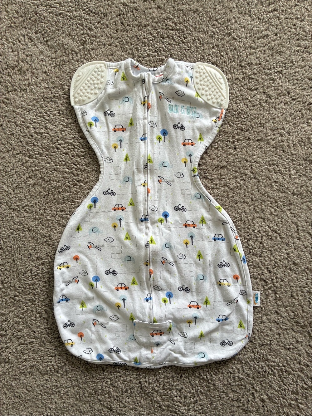 Halo White Self Soothe Swaddle Sack with Car & Tree Accents